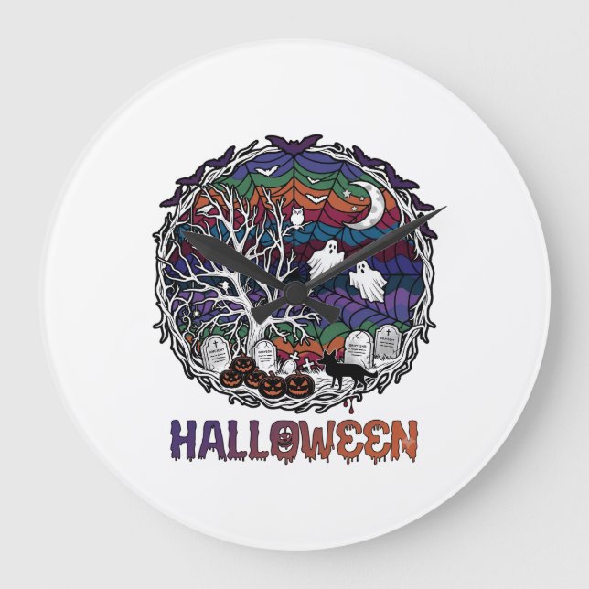 Halloween Spindelnät Träd Spöken Pumpa Gravsten Stor Klocka (Framsida)