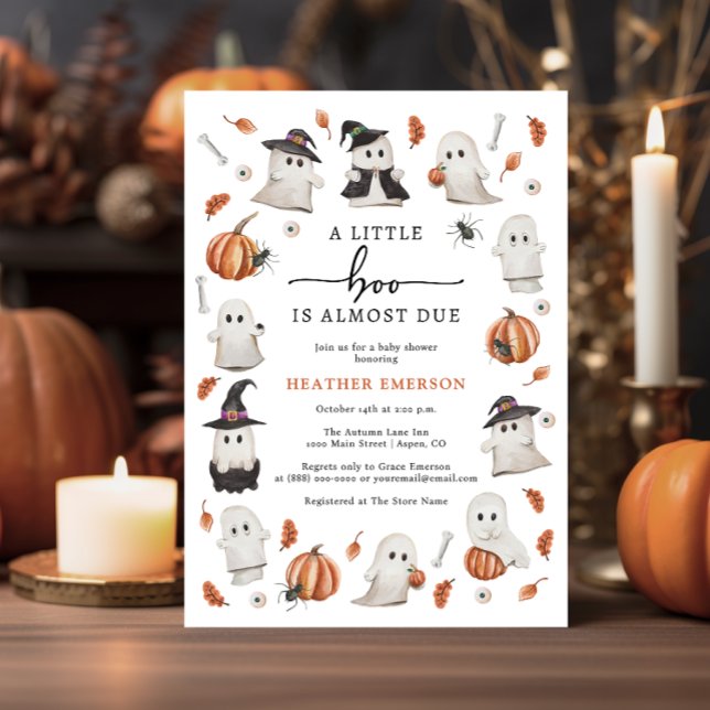 Halloween-spök-barnkalas Inbjudningar (A Little Boo Is Almost Due Halloween Baby Shower Invitation by Painted Paperie)
