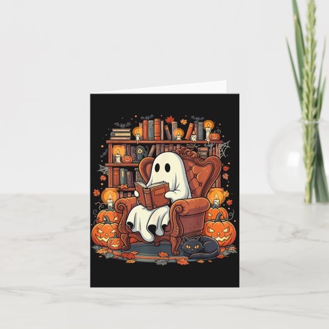 Halloween Spök Läsning Böcker Pumpa Svart Katt Kort (Framsida)
