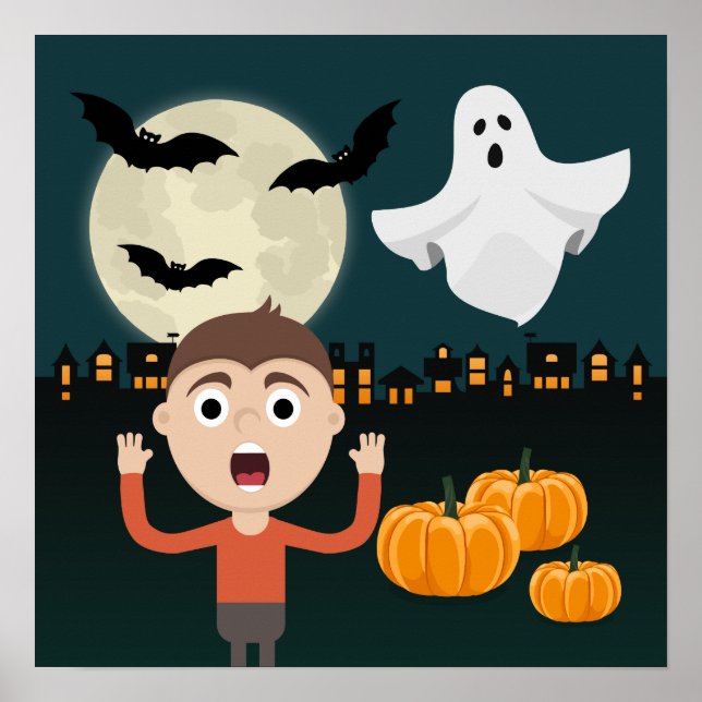 Halloween Spök Måne Fladdermöss Illustration Affis Poster (Framsidan)