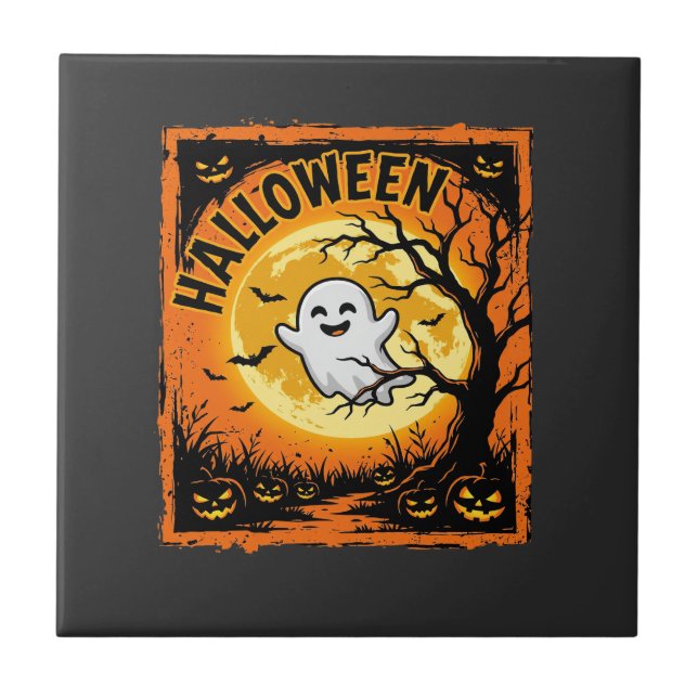 Halloween Spök Pumpa Hemsökt Träd Kakelplatta (Framsidan)
