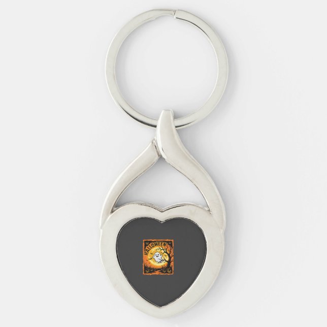 Halloween Spök Pumpa Hemsökt Träd Twisted Heart Silverfärgad Nyckelring (Framsidan)