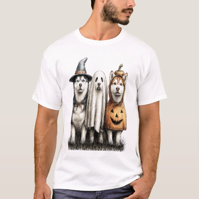 Halloween spök sibirisk husky hund t shirt (Framsida)