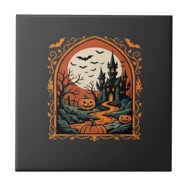 Halloween Spök Slott Pumpa Måne Vektor Konst Kakelplatta (Framsidan)
