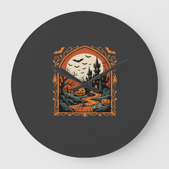 Halloween Spök Slott Pumpa Måne Vektor Konst Stor Klocka (Framsida)