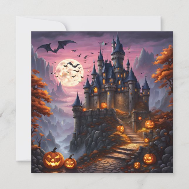 Halloween-spökad slott och pumpor julkort (Framsida)