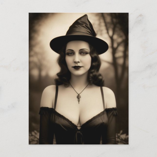 Halloween-spökande häxa vykort (Framsida)