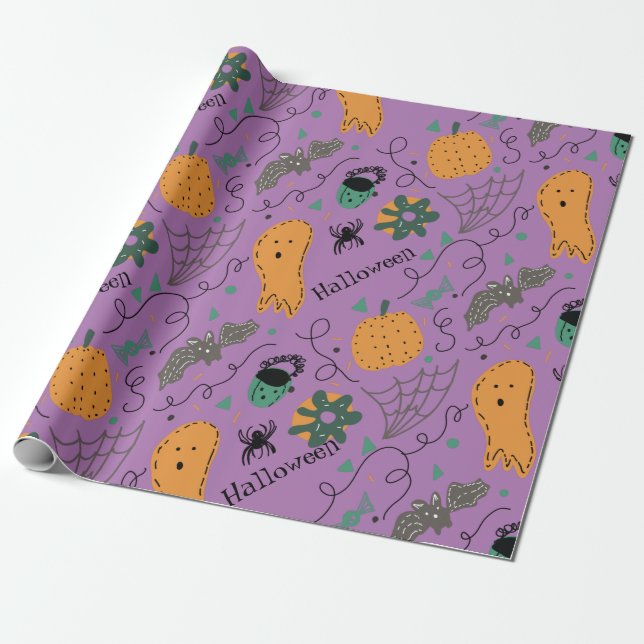 Halloween-spökdoodles lila mönster presentpapper (Utrullad)