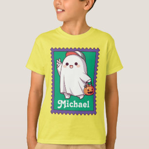 Halloween-spöke Bus eller Behandla Barn Namn Stämp T Shirt