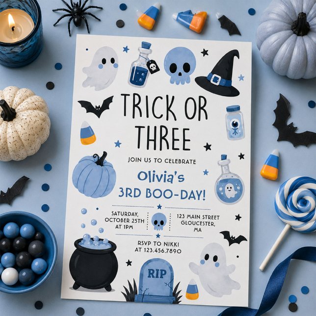 Halloween-spöke bus eller godis 3-års födelsedagsf inbjudningar (Skapare uppladdad)