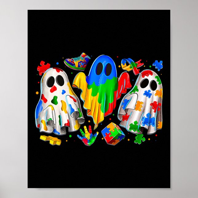Halloween-spöke Färgglad Pusselband Autism Medvete Poster (Framsidan)