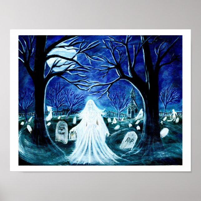 Halloween-spöke i en kyrkogård "Upp efter blommor" Poster (Framsidan)