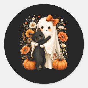 Halloween spöke kramar svart katt pumpa blomster runt klistermärke