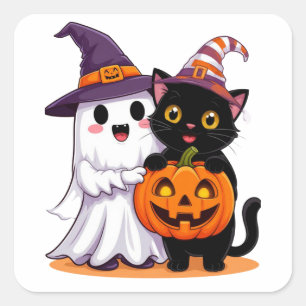 Halloween-spöke med pumpa katt 👻 fyrkantigt klistermärke