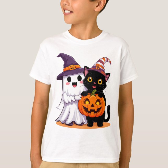 Halloween-spöke med pumpa katt 👻 t shirt (Framsida)
