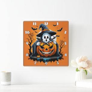 Halloween-spöke med pumpa under en scoky himmel fyrkantig klocka