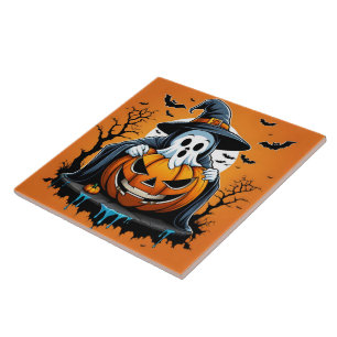 Halloween-spöke med pumpa under en scoky himmel kakelplatta