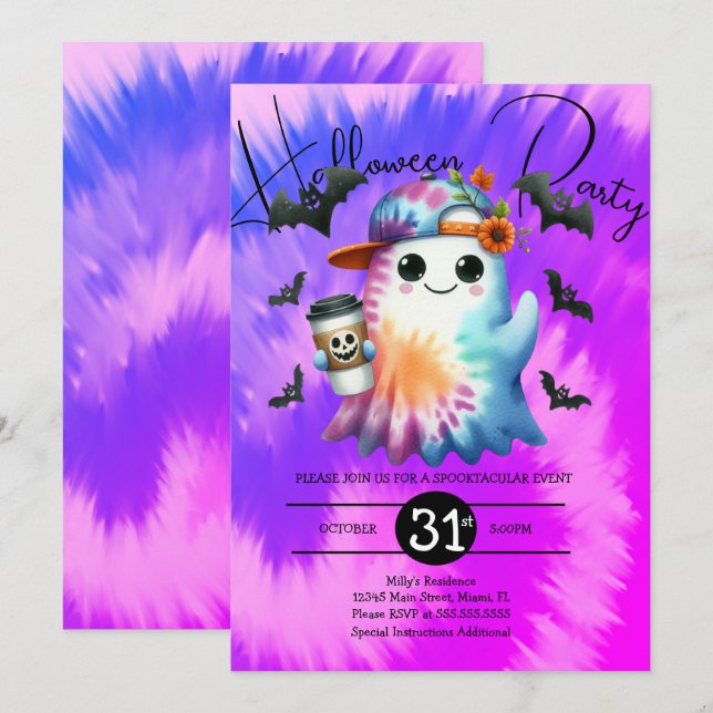 Halloween-spöke Neon Party Tie Dye Handritad  Inbjudningar (Fram/baksida)
