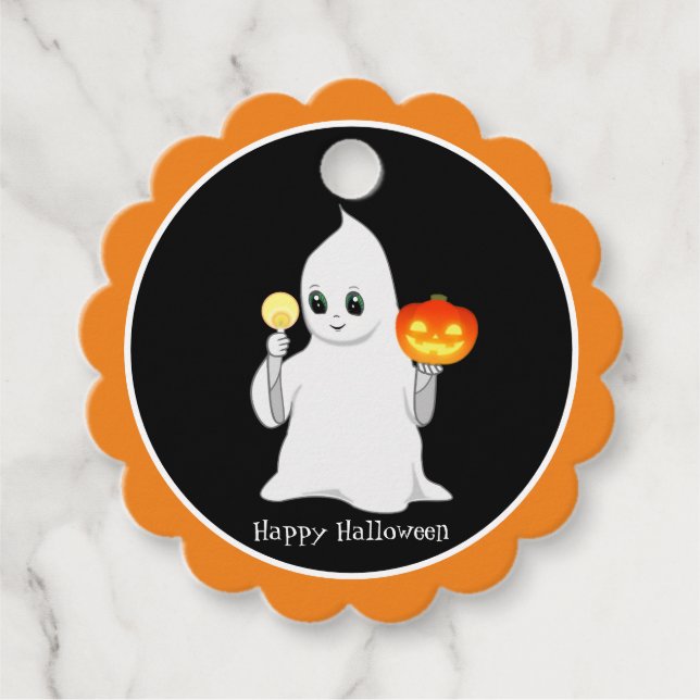 Halloween-spöke och pumpa på svart gåvor etiketter (Framsida)