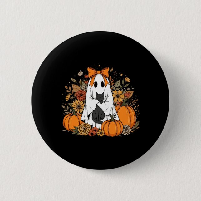 Halloween-spöke som håller svart katt Groovy blomm Knapp (Framsida)