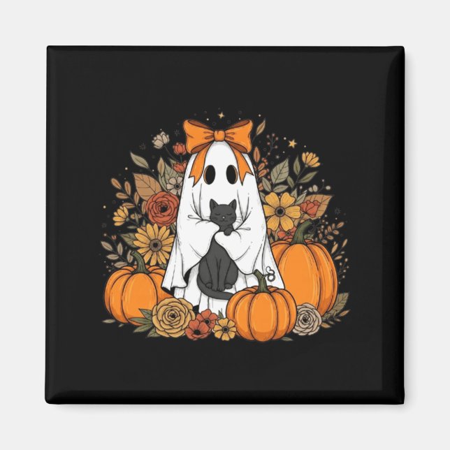 Halloween-spöke som håller svart katt Groovy blomm Magnet (Framsidan)