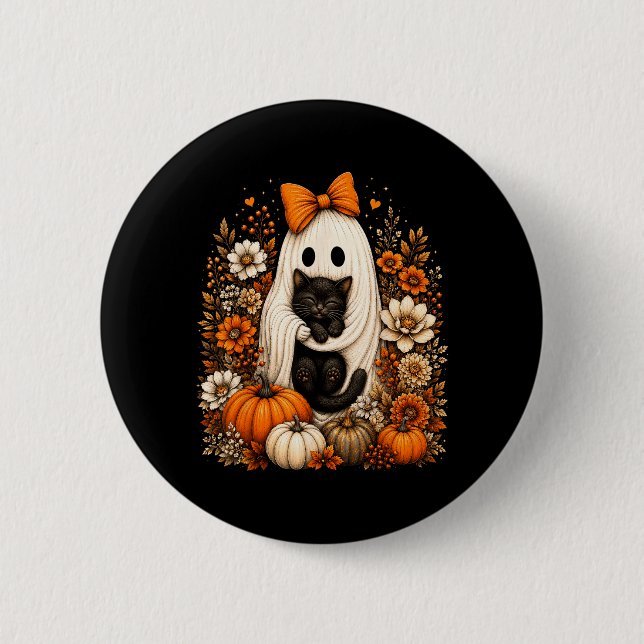 Halloween-spöke som håller svart katt Pumpa Blommi Knapp (Framsida)