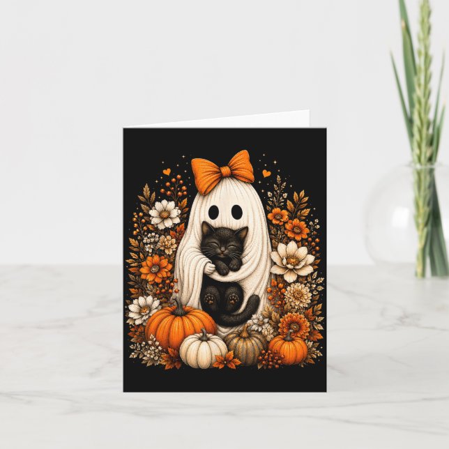 Halloween-spöke som håller svart katt Pumpa Blommi Kort (Framsida)