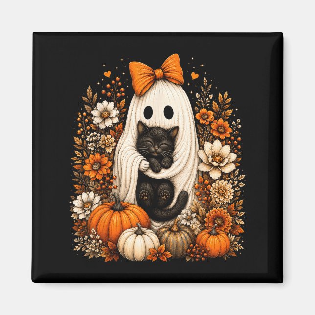 Halloween-spöke som håller svart katt Pumpa Blommi Magnet (Framsidan)