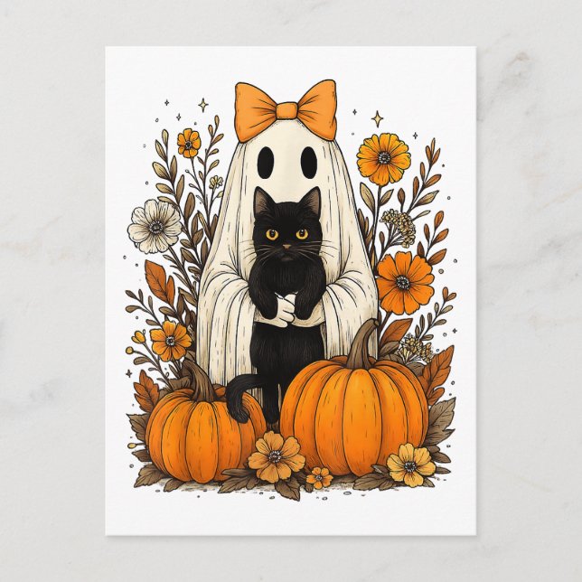 Halloween-spöke som håller svart katt  vykort (Framsida)