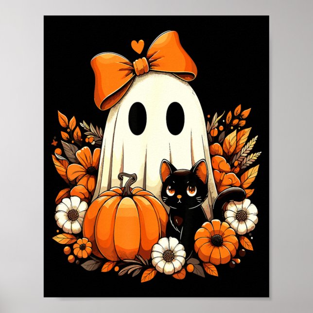 Halloween Spöke Svart Katt Blommig Groovy Poster (Framsidan)
