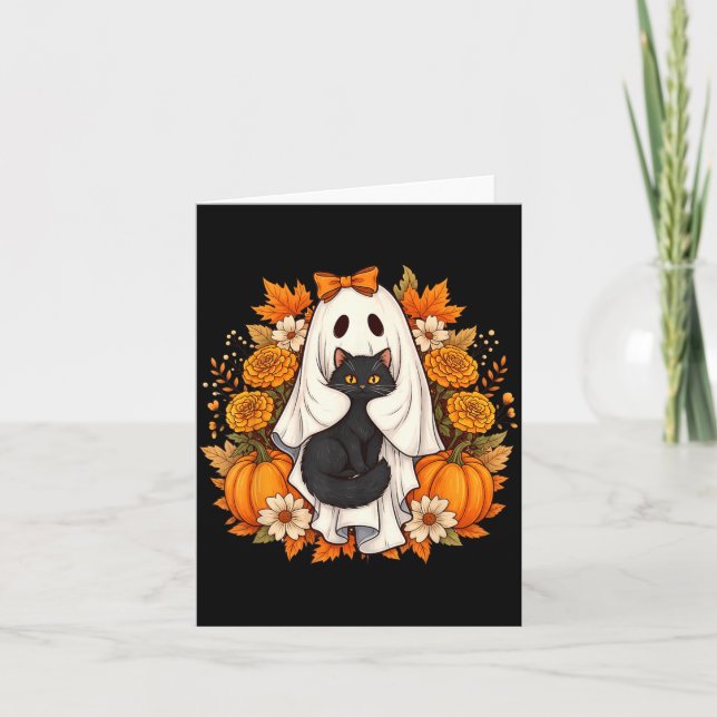 Halloween Spöke Svart Katt Blommor Kort (Framsida)
