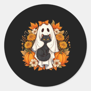Halloween Spöke Svart Katt Blommor Runt Klistermärke