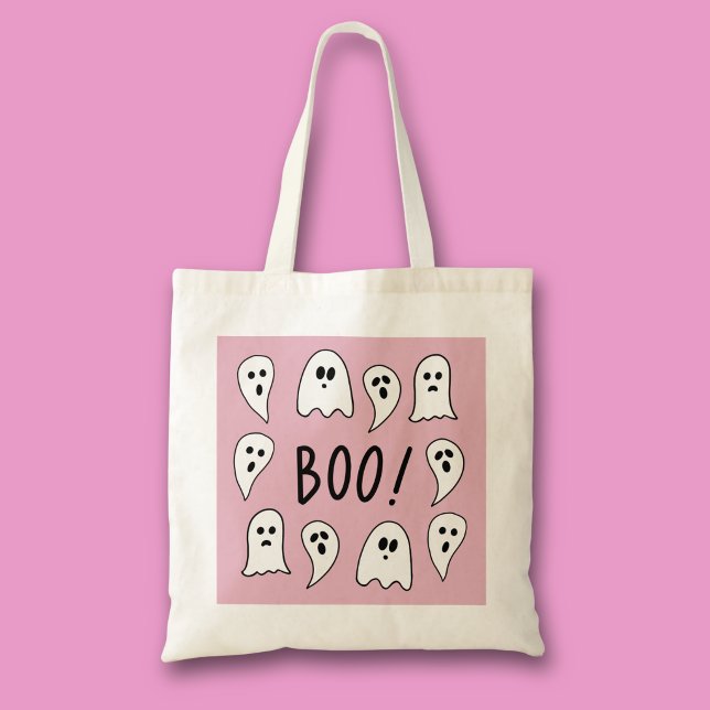 Halloween Spöken Bus eller Godis Tygkasse (Pink and white ghost Halloween trick or treat tote bag)