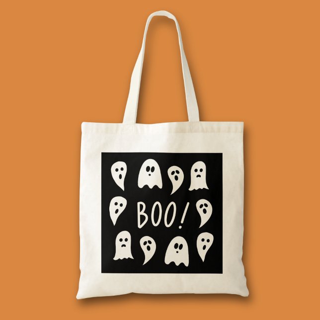 Halloween-spöken Bus eller godis Tygkasse (Black and white ghost halloween trick or treat tote bag)