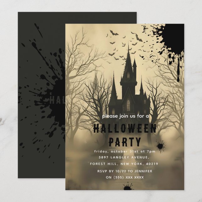 Halloween Spöken Castle Inbjudningar (Fram/baksida)