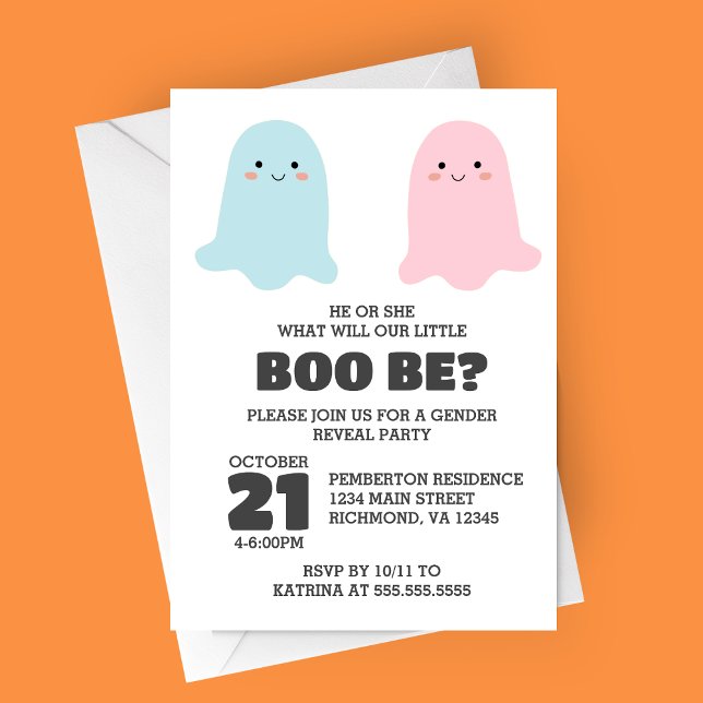 Halloween Spöken Gender Reveal Party-inbjudan Inbjudningar (Little Boo Bee Halloween Ghost Themed Gender Reveal Party Invitation)