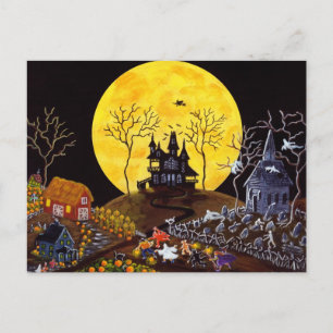Halloween spöken, kyrka, gravstenar, häxa vykort