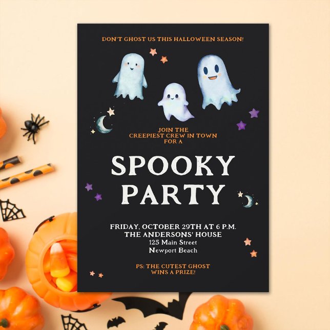 Halloween Spöken Måne Stars Family Home Party Roli Inbjudningar (Halloween family home party invitation cute ghosts black orange purple spooky funny fun simple clean)