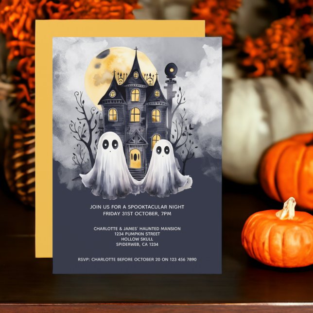Halloween Spöken och Haunted House Inbjudningar (Halloween Ghosts and Haunted House Party Invitations from Ricaso. Cute ghost couple invite.)