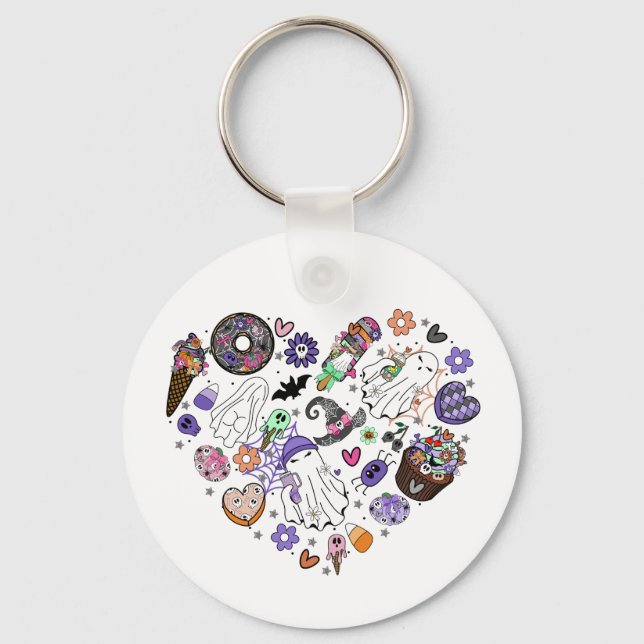Halloween Spöken och Pumpkin Clipart Heart-form Nyckelring (Framsida)