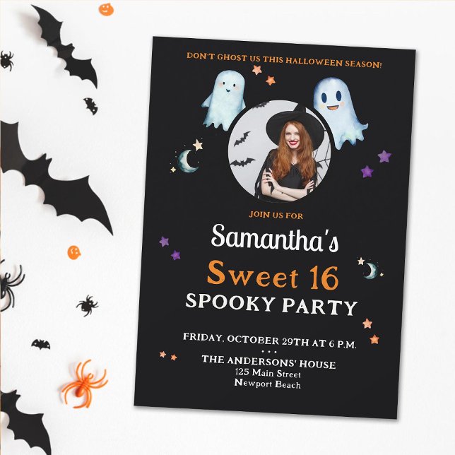 Halloween Spöken Roligt Sweet 16 Spooky Party Phot Inbjudningar (sweet 16 halloween spooky party photo invitation for girls black orange purple cute fun moon stars)