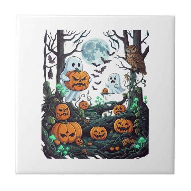 Halloween-spöken Skrämmande pumpor Uggla Fullmåne  Kakelplatta (Framsidan)