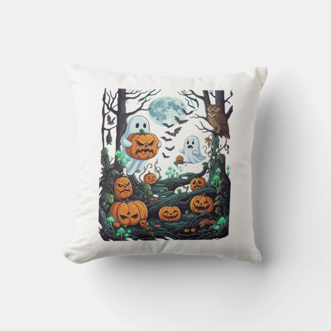 Halloween Spöken Skrämmande Pumpor Uggla Fullmåne  Kudde (Framsida)