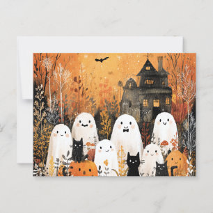 Halloween spöken, svarta katter och fladdermus vykort