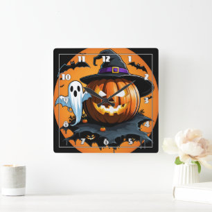 Halloween-spöket flyter bredvid en kardad pumpkin fyrkantig klocka