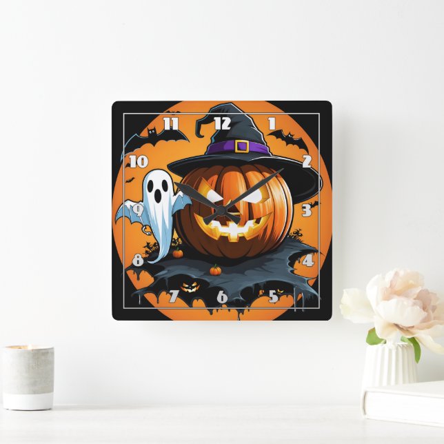 Halloween-spöket flyter bredvid en kardad pumpkin fyrkantig klocka (Hem)