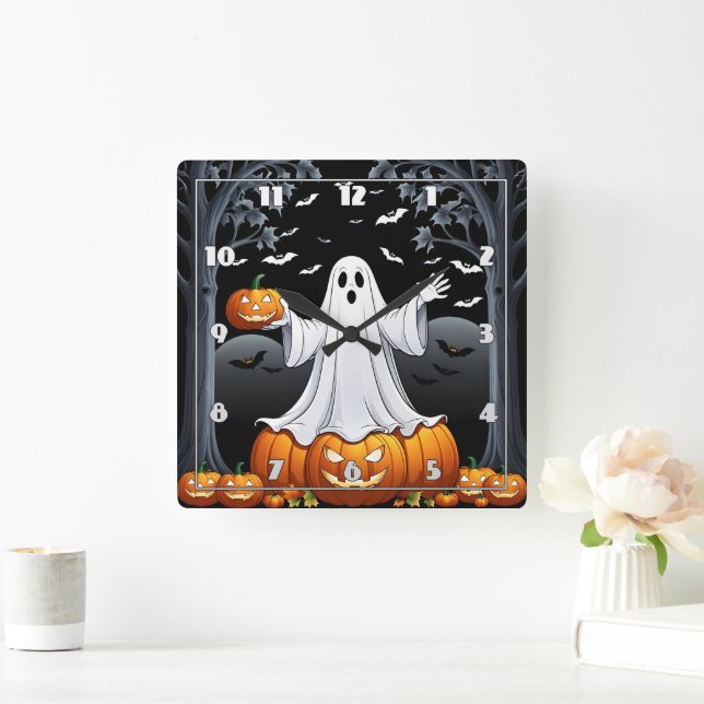 Halloween-spöket omgivet av pumpor och fladdermus fyrkantig klocka (Hem)