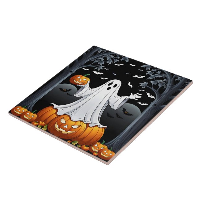 Halloween-spöket omgivet av pumpor och fladdermus kakelplatta (Sidan)