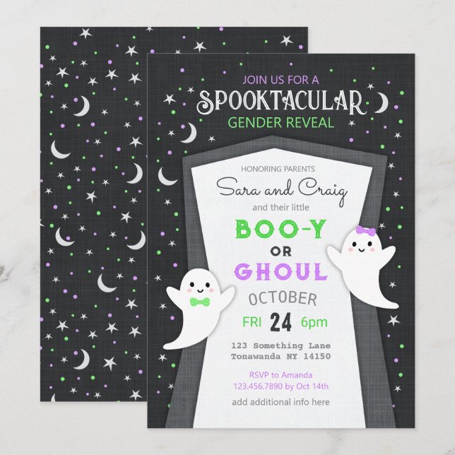 Halloween-spökets baby gender visar inbjudan (Fram/baksida)