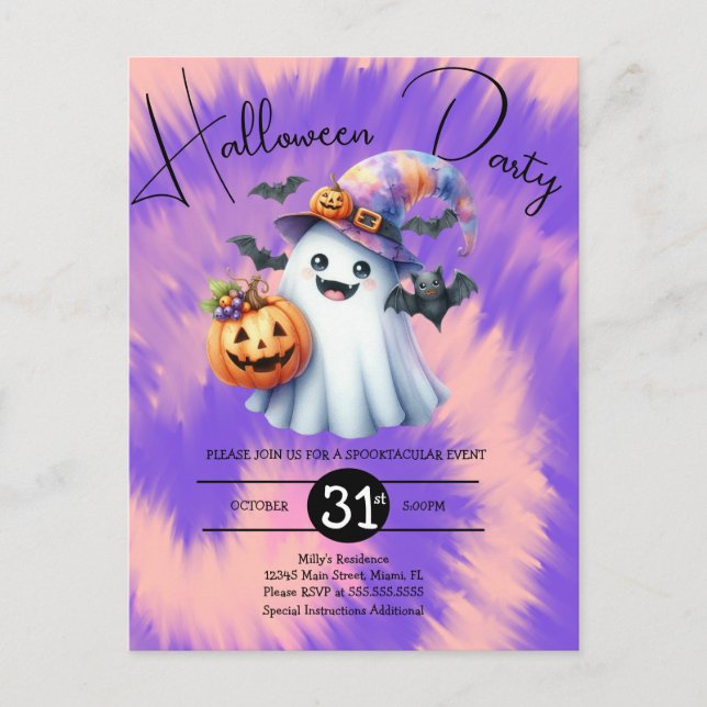 Halloween Spökfest Tie Dye Handritad  Inbjudan Vykort (Framsida)